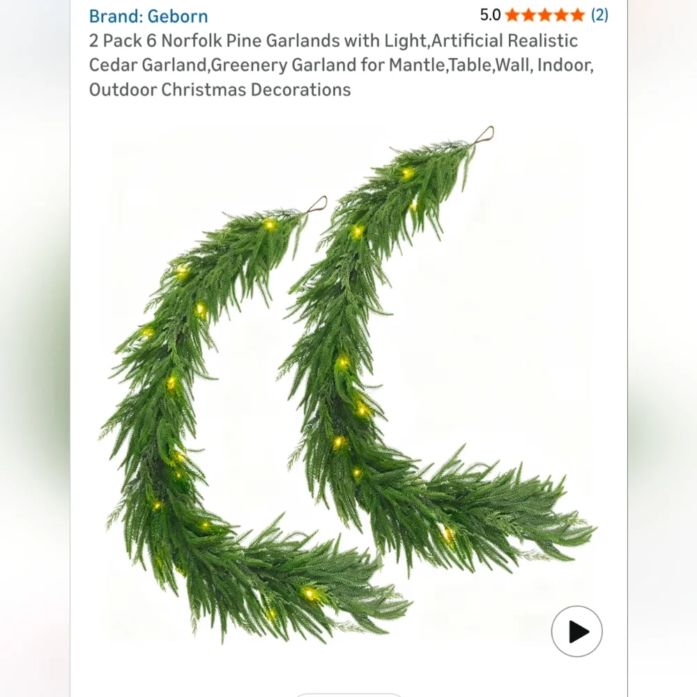 2 Pack 6ft Norfolk Pine Garlands With Lights